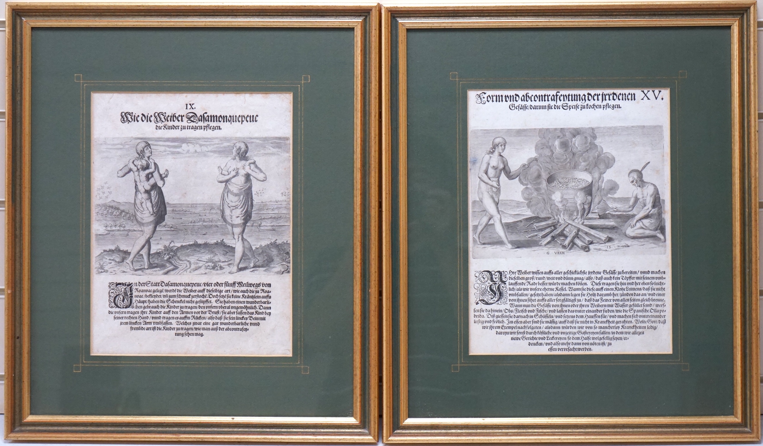 After Theodor De Bry (1528-1598), engraved by J.Veen, two Americana engraved bookplates comprising ‘How the women carry their children’ and ‘How they cook fish over flame', each 28 x 21.5cm